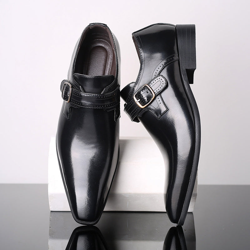 Black lacquered monk shoes with single side buckle strap and chunky heel