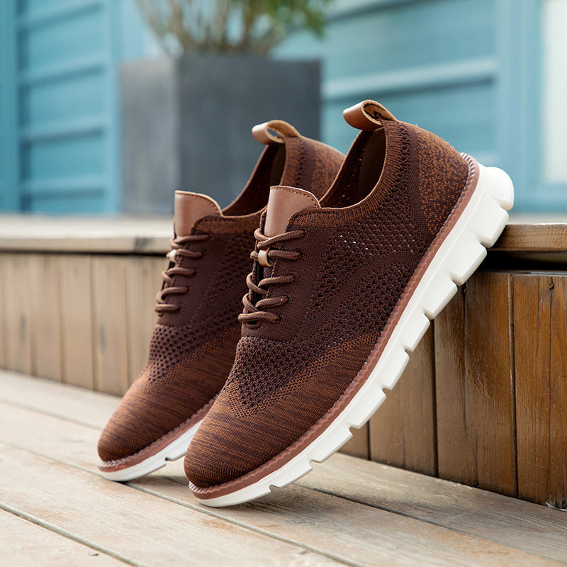 Brown knit leisure sneakers with lace-up front and white cushioned sole