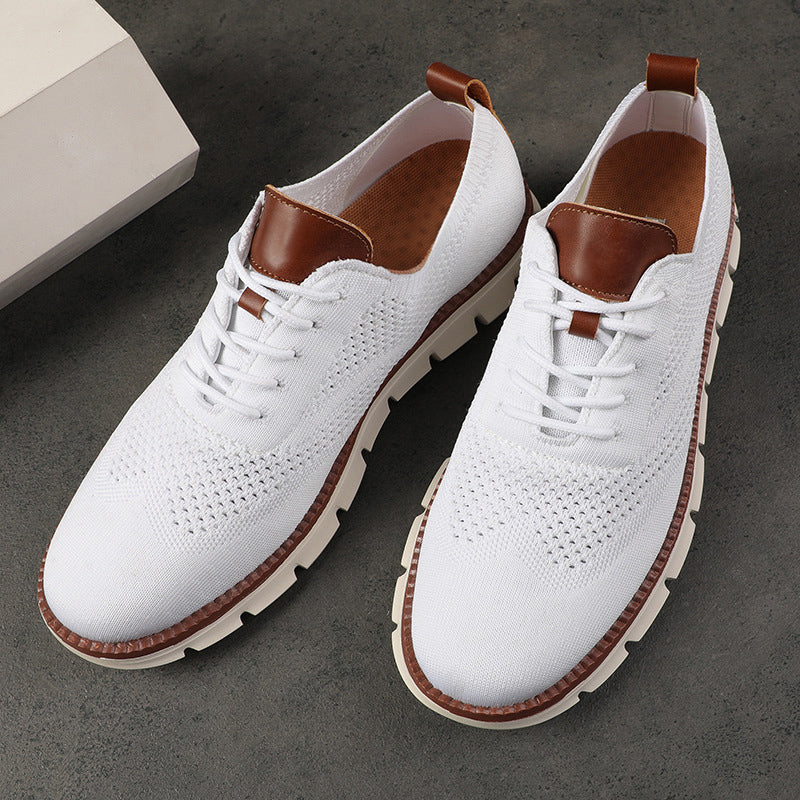 White knit lace-up leisure sneakers with brown heel trim and chunky sole