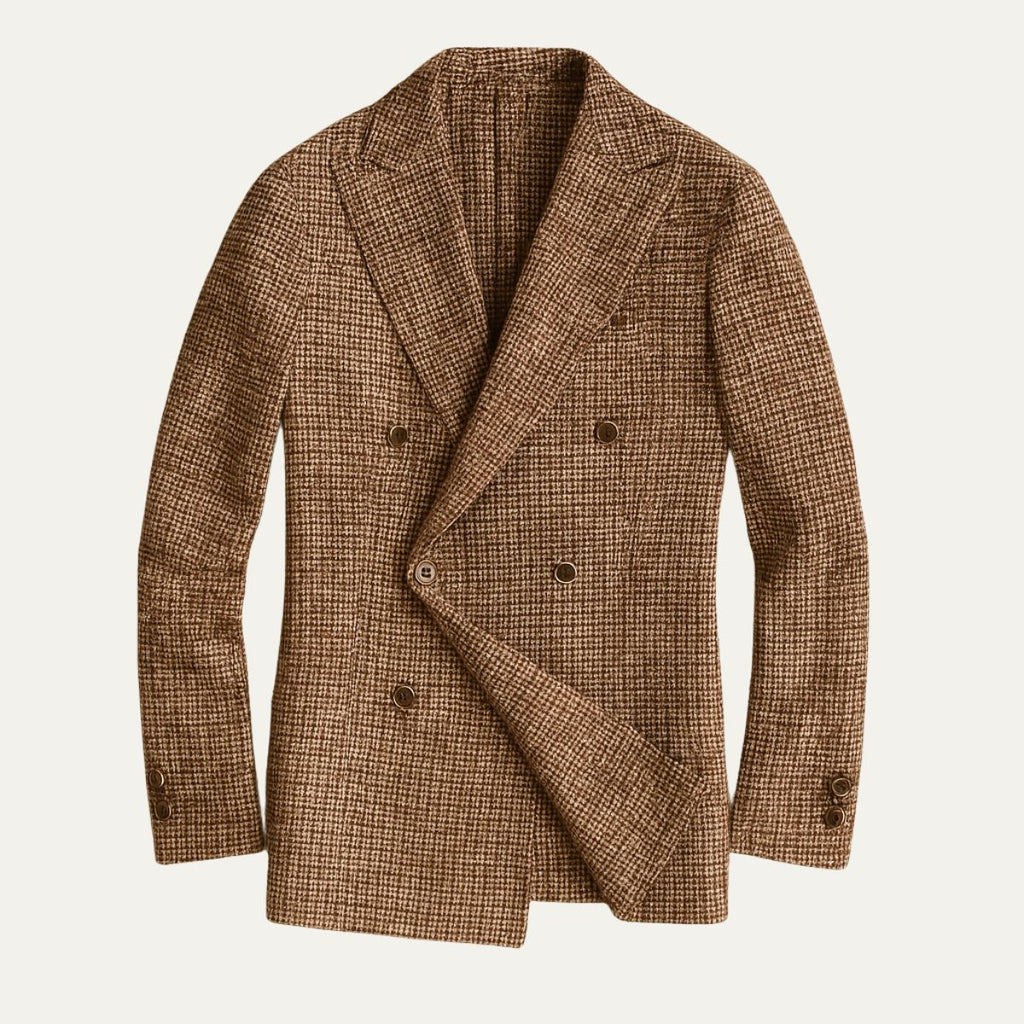 Brown houndstooth double-breasted blazer with peak lapels and long sleeves