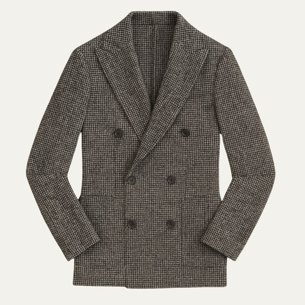 Gray houndstooth double-breasted blazer with peak lapels and button front