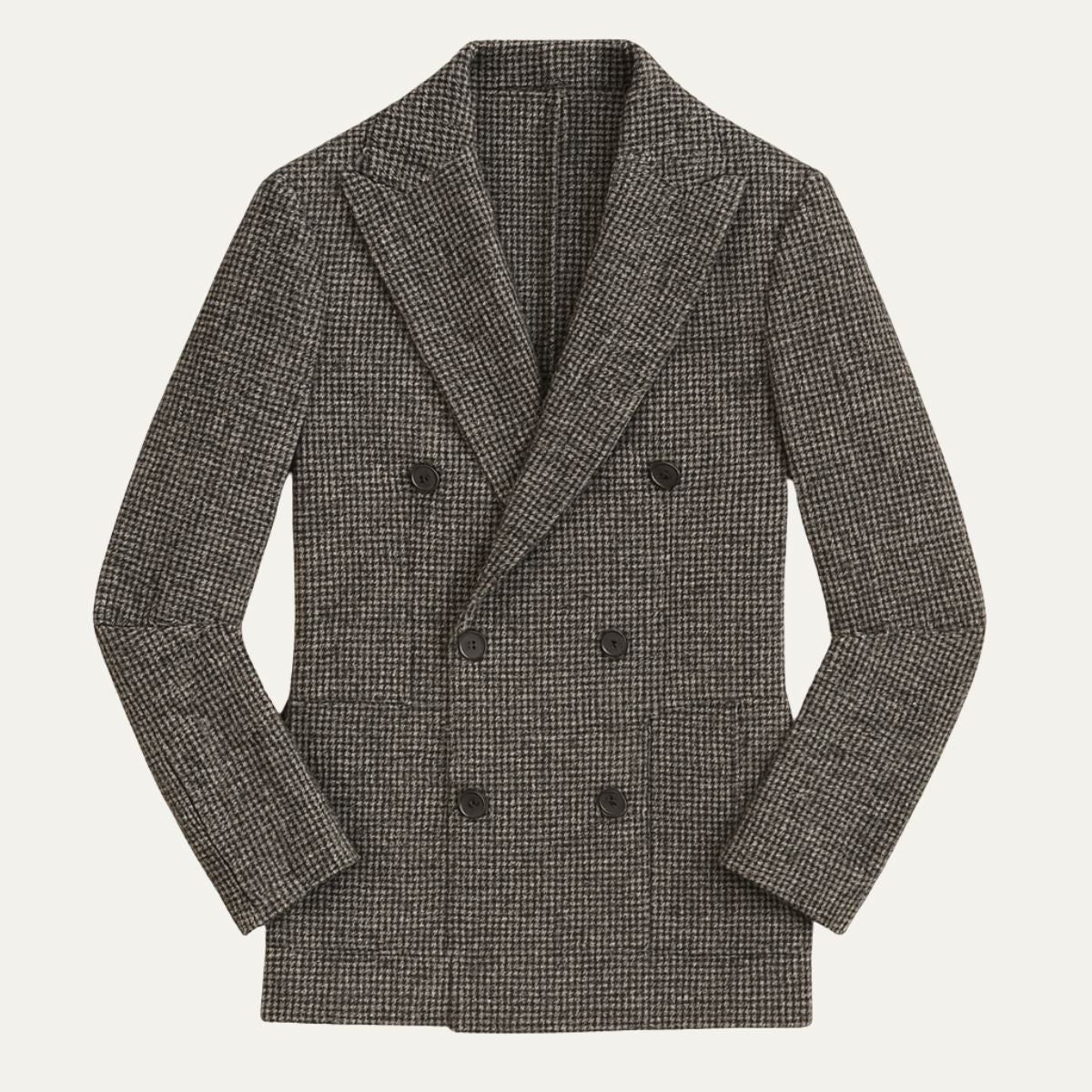 Gray houndstooth double-breasted blazer with peak lapels and button front