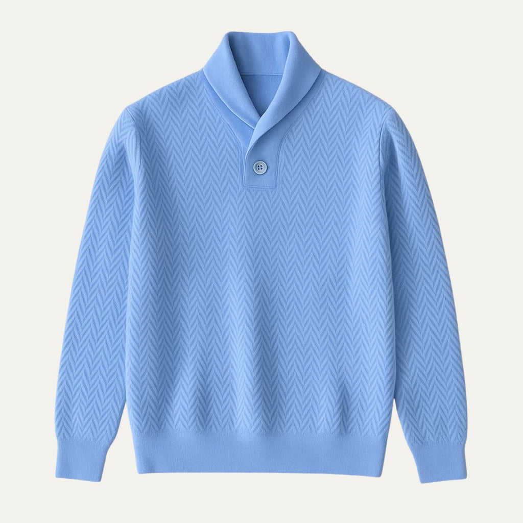 Light blue cashmere v-neck sweater with button placket and chevron knit pattern