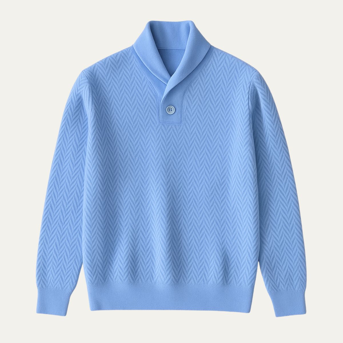 Light blue cashmere v-neck sweater with button placket and chevron knit pattern