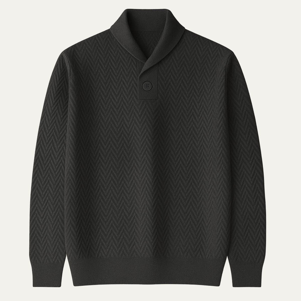 Dark grey cashmere v-neck sweater with button placket and chevron knit pattern