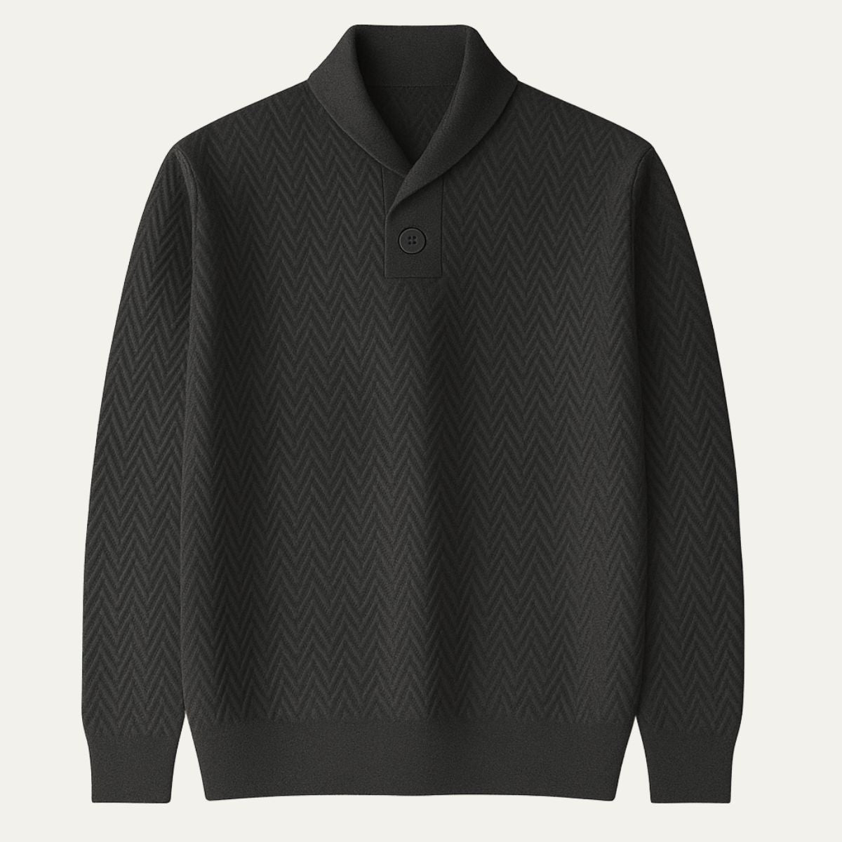 Dark grey cashmere v-neck sweater with button placket and chevron knit pattern
