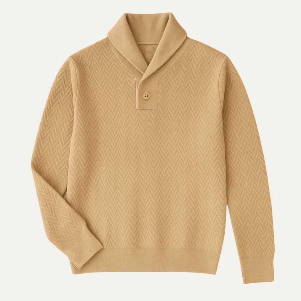 Camel cashmere v-neck sweater with button placket and chevron knit pattern