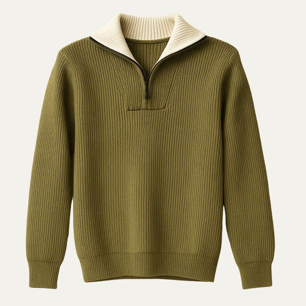 Men's quarter-zip sweater in olive green with ribbed cream collar and cuffs