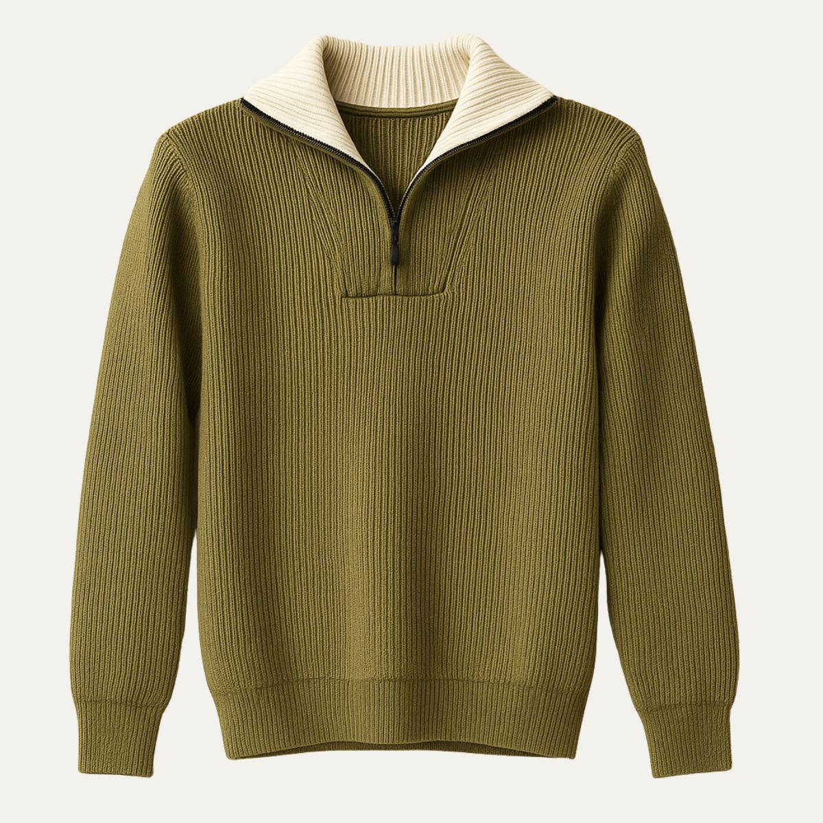 Men's quarter-zip sweater in olive green with ribbed cream collar and cuffs