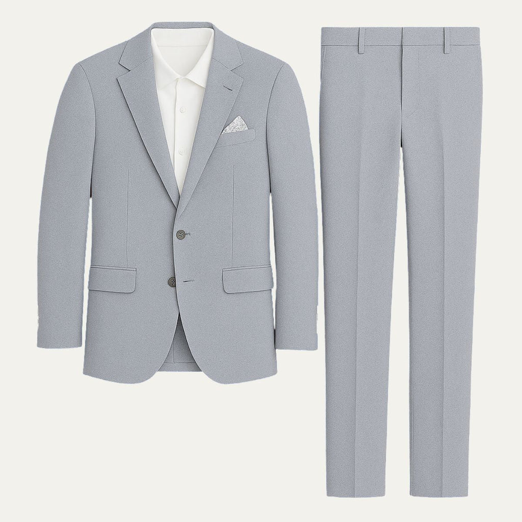 Men's gray linen suit jacket and matching trousers, white shirt, pocket square