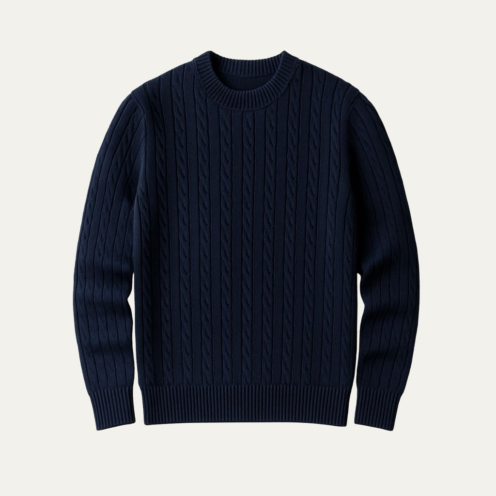 Men's navy cable-knit crewneck sweater with ribbed cuffs and hem