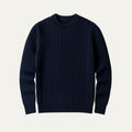Men's navy cable-knit crewneck sweater with ribbed cuffs and hem