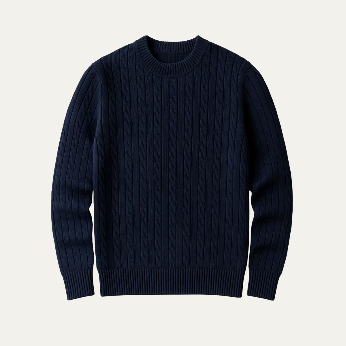 Men's navy cable-knit crewneck sweater with ribbed cuffs and hem