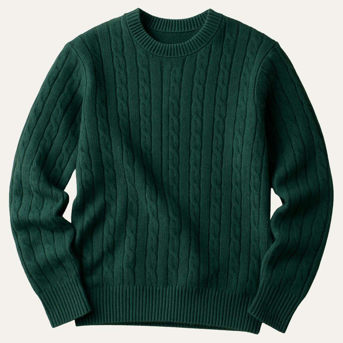 Men's green cable-knit crewneck sweater, long sleeves with ribbed cuffs and hem