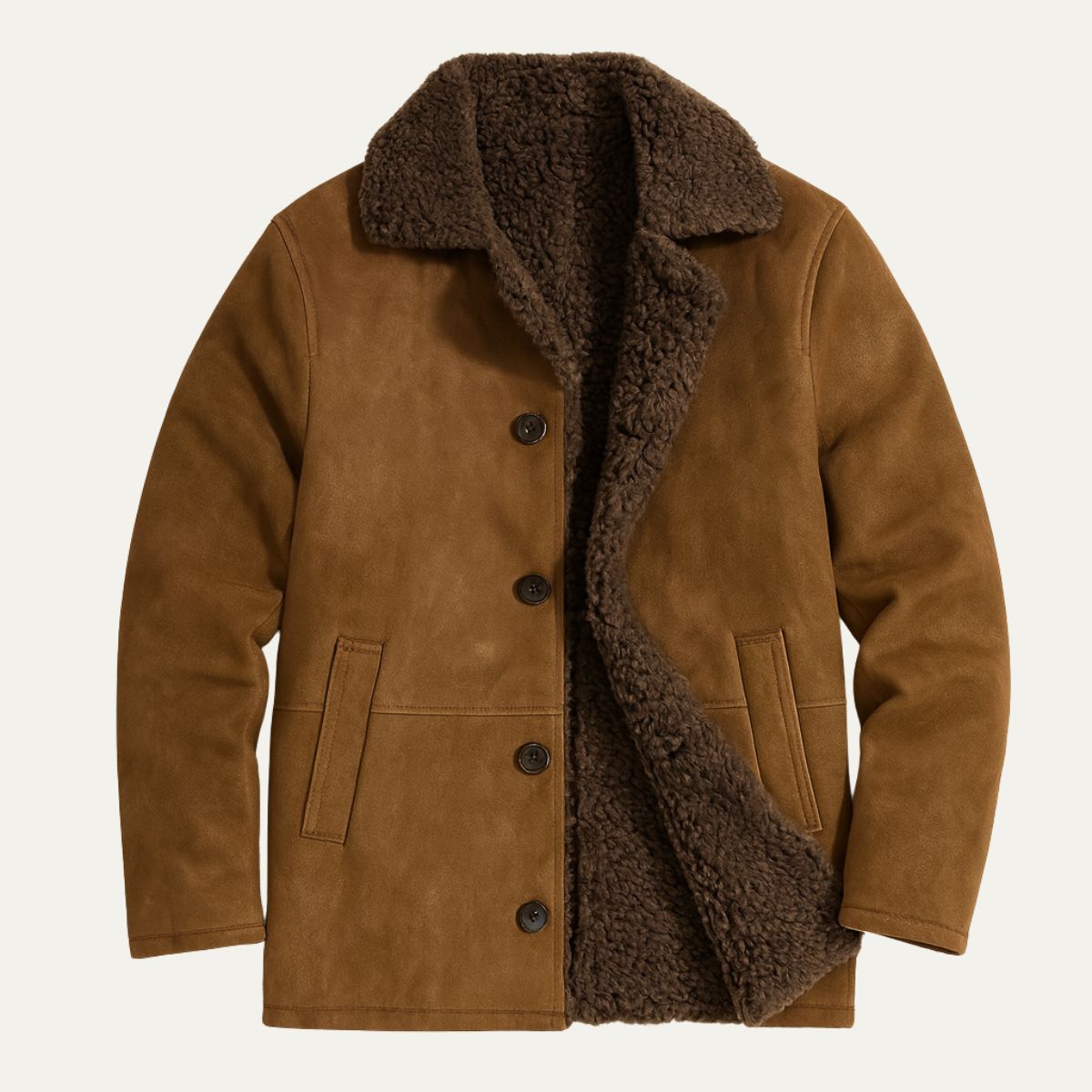 Men's sherpa-lined wool overcoat, brown with plush sherpa collar and interior lining