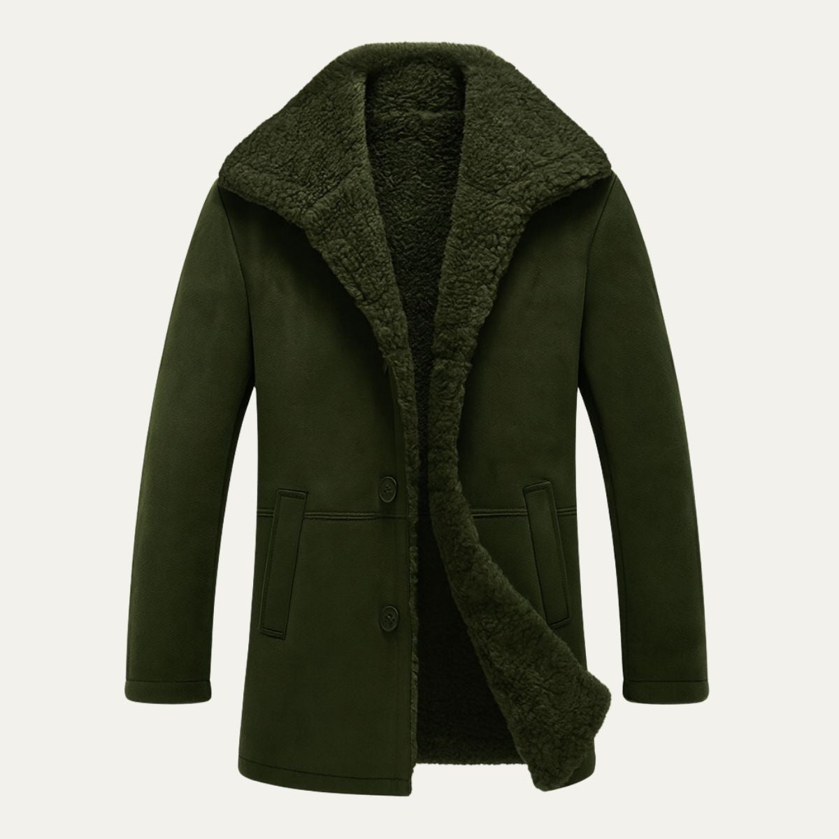 Men's sherpa-lined wool overcoat, dark green with sherpa-trimmed open front and pockets