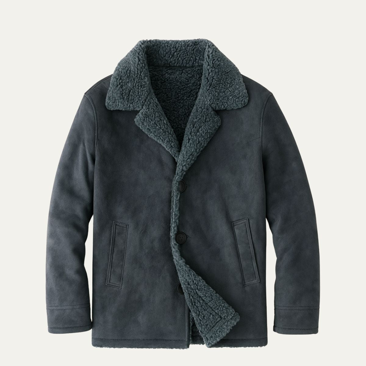 Men's sherpa-lined wool overcoat, slate gray with dark sherpa collar and flap pockets