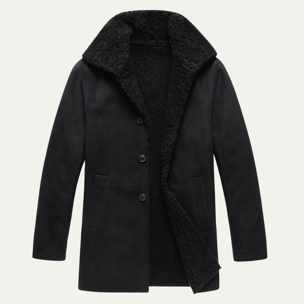 Men's sherpa-lined wool overcoat, black with dark sherpa collar and button front