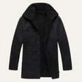 Men's sherpa-lined wool overcoat, black with dark sherpa collar and button front