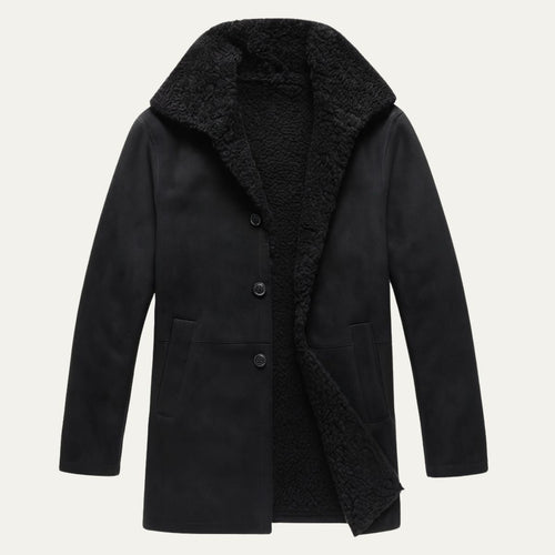 Men's sherpa-lined wool overcoat, black with dark sherpa collar and button front