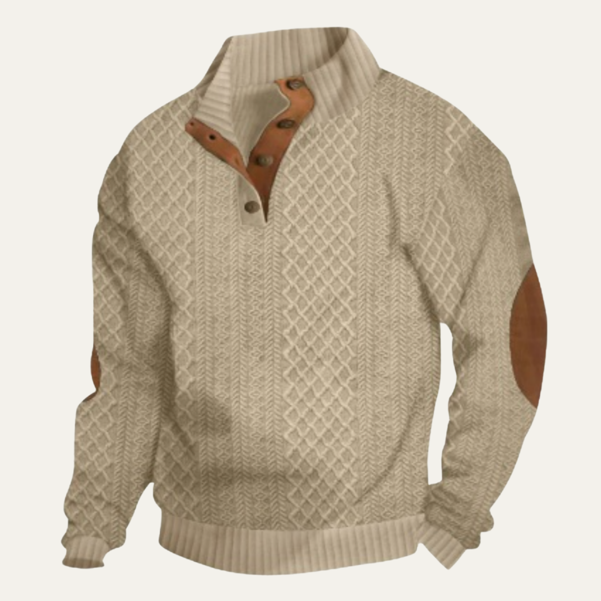 Men's tan knit sweater with quarter-zip placket and brown leather-look buttons