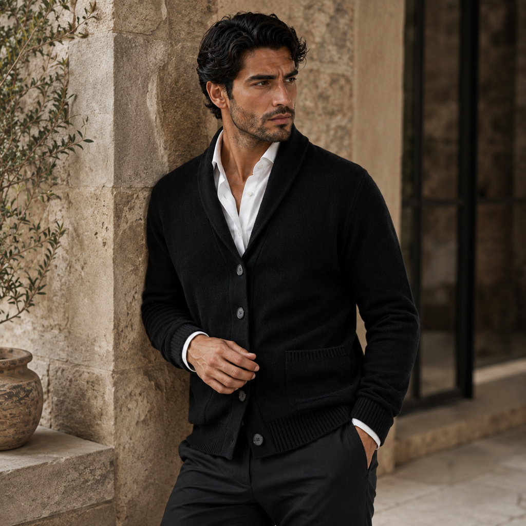 Men’s black shawl-collar knit cardigan with button front and patch pockets