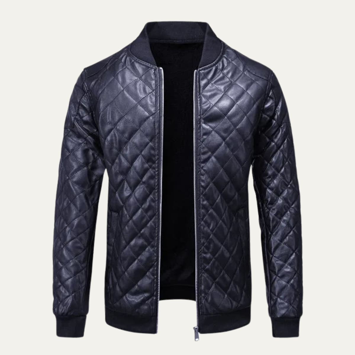 Quilted navy leather bomber jacket with full front zipper, ribbed collar and cuffs