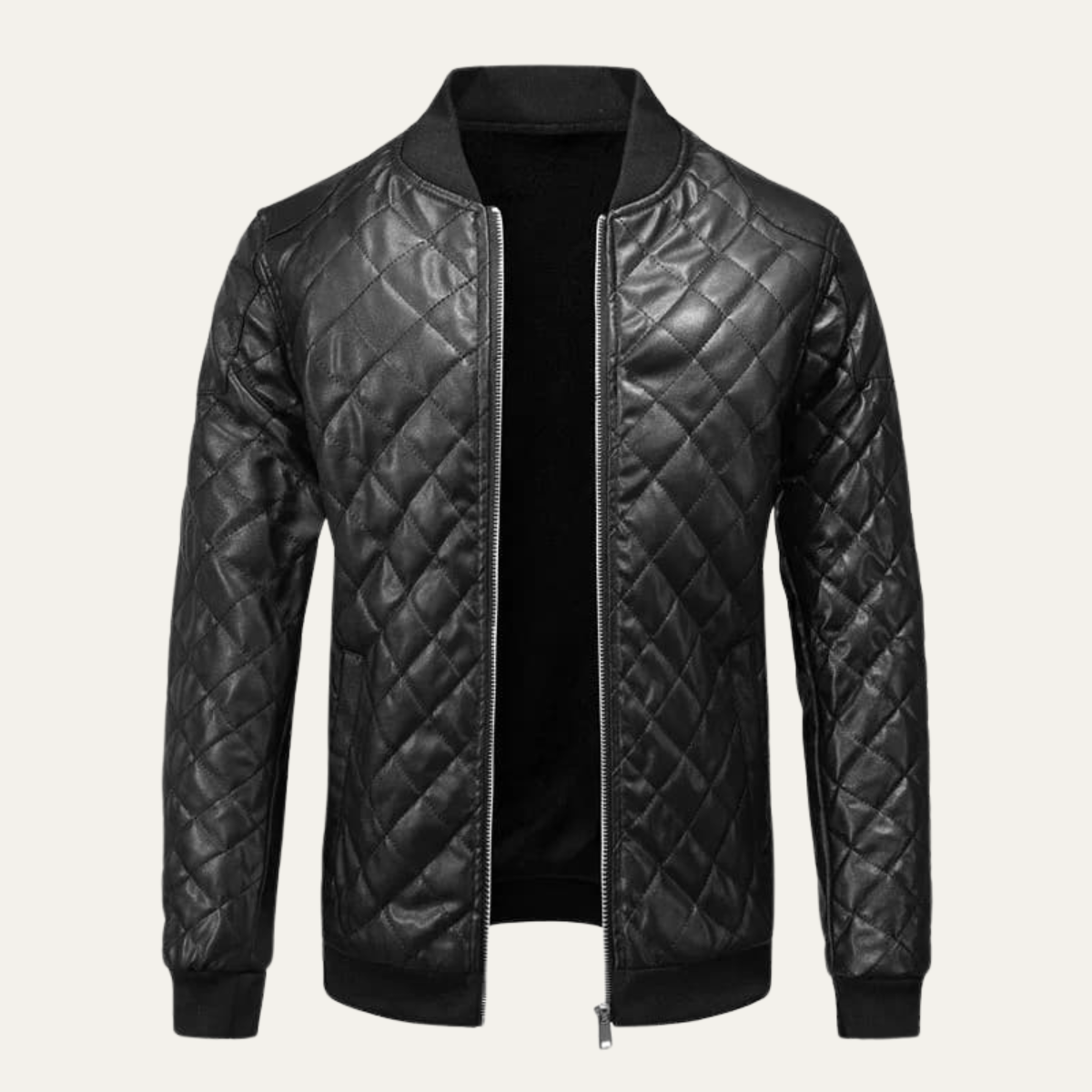 Quilted black leather bomber jacket with full front zipper and ribbed trim cuffs