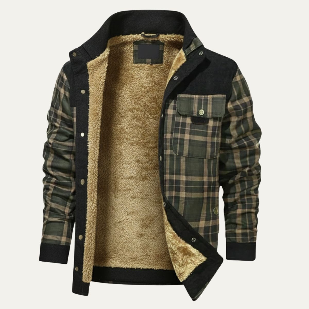 Men's warm plaid check jacket in black with tan sherpa lining and snap chest pocket