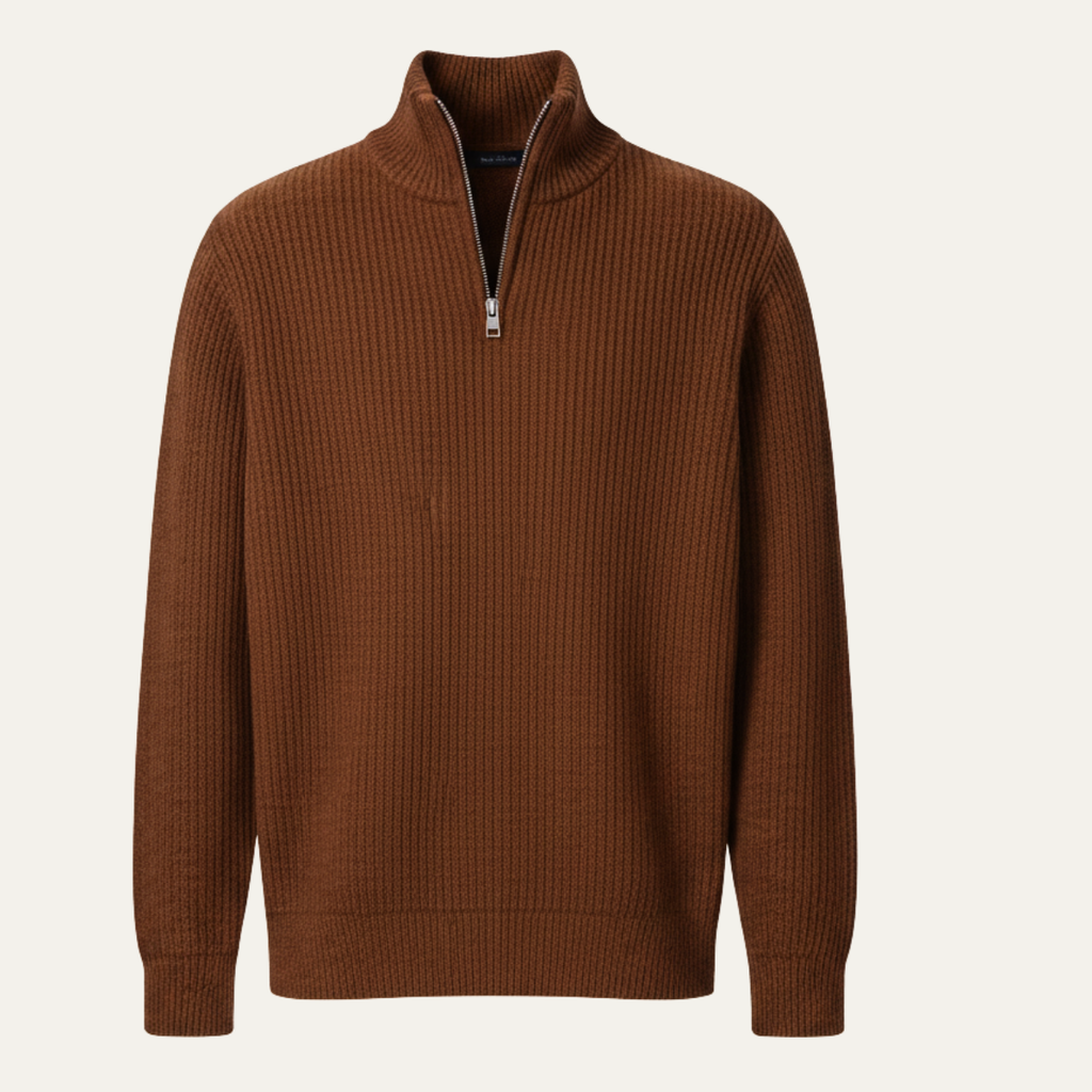 Men's quarter-zip ribbed knit sweater, brown