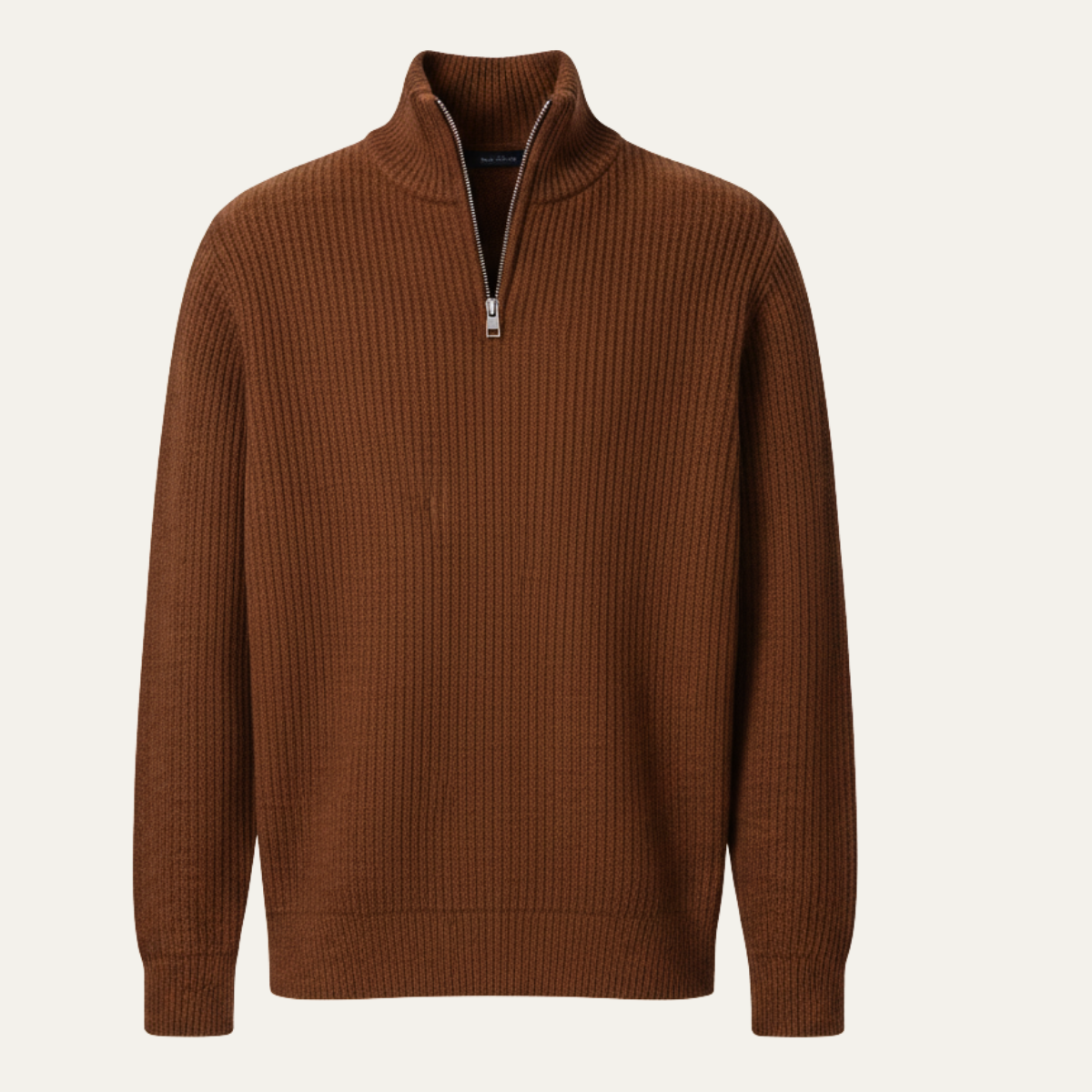 Men's quarter-zip ribbed knit sweater, brown