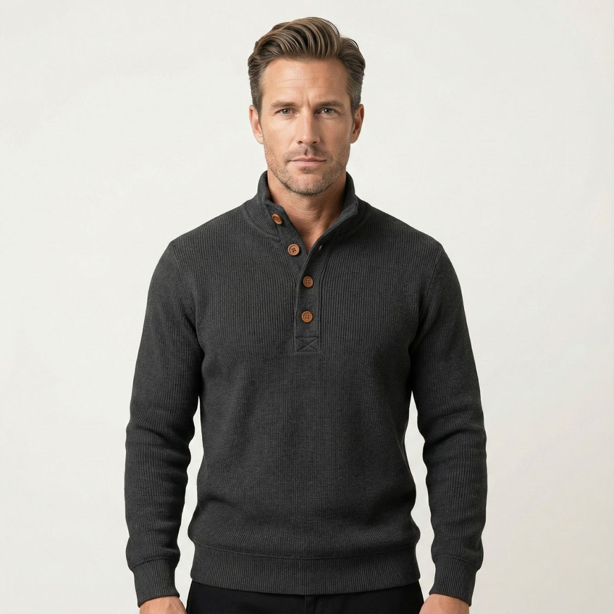 Men's gray button mock neck knit sweater, ribbed hem and cuffs