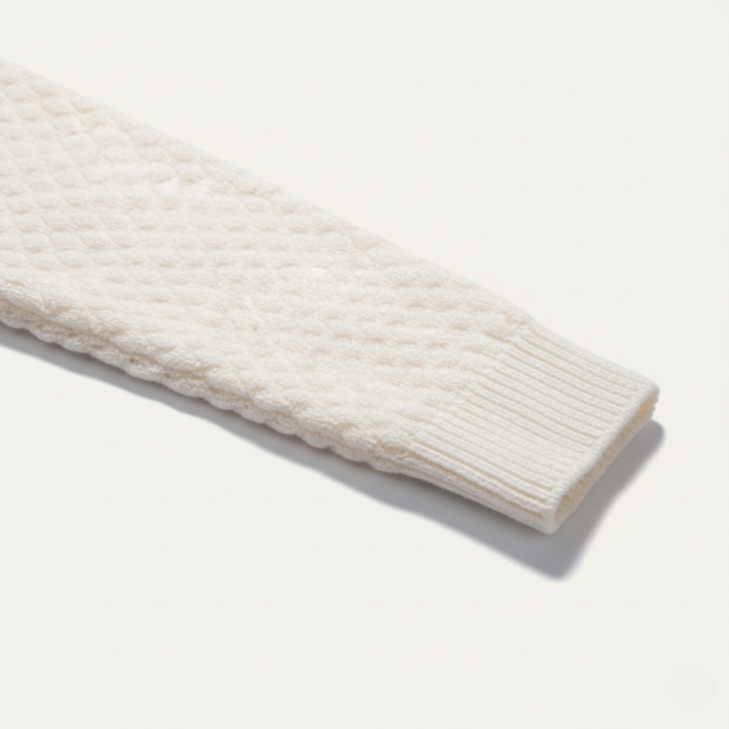 Men's thick wool knit turtleneck sweater sleeve cuff in white