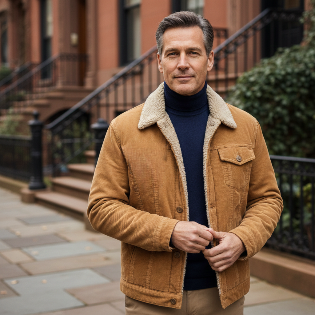 Men's corduroy winter jacket, tan-brown outer with sherpa collar and button pockets