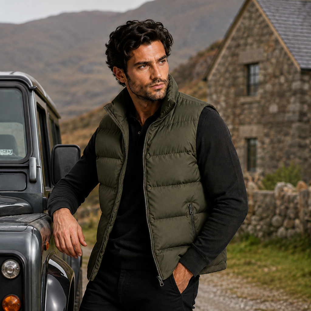 Men's army green padded puffer vest with full-zip front and zip pockets