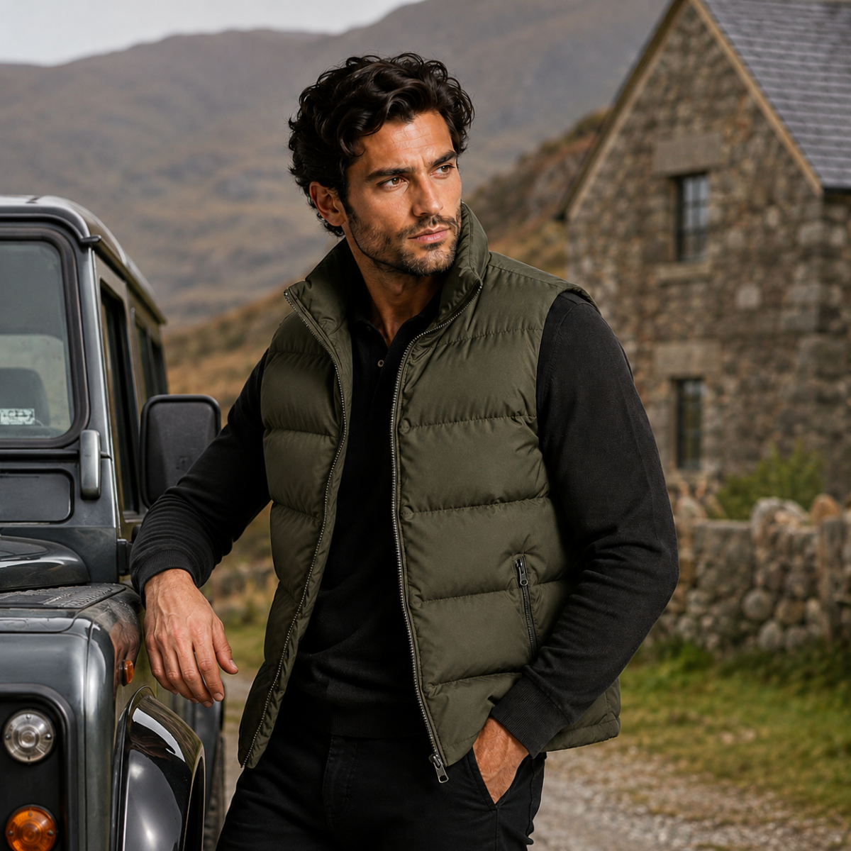 Men's army green padded puffer vest with full-zip front and zip pockets