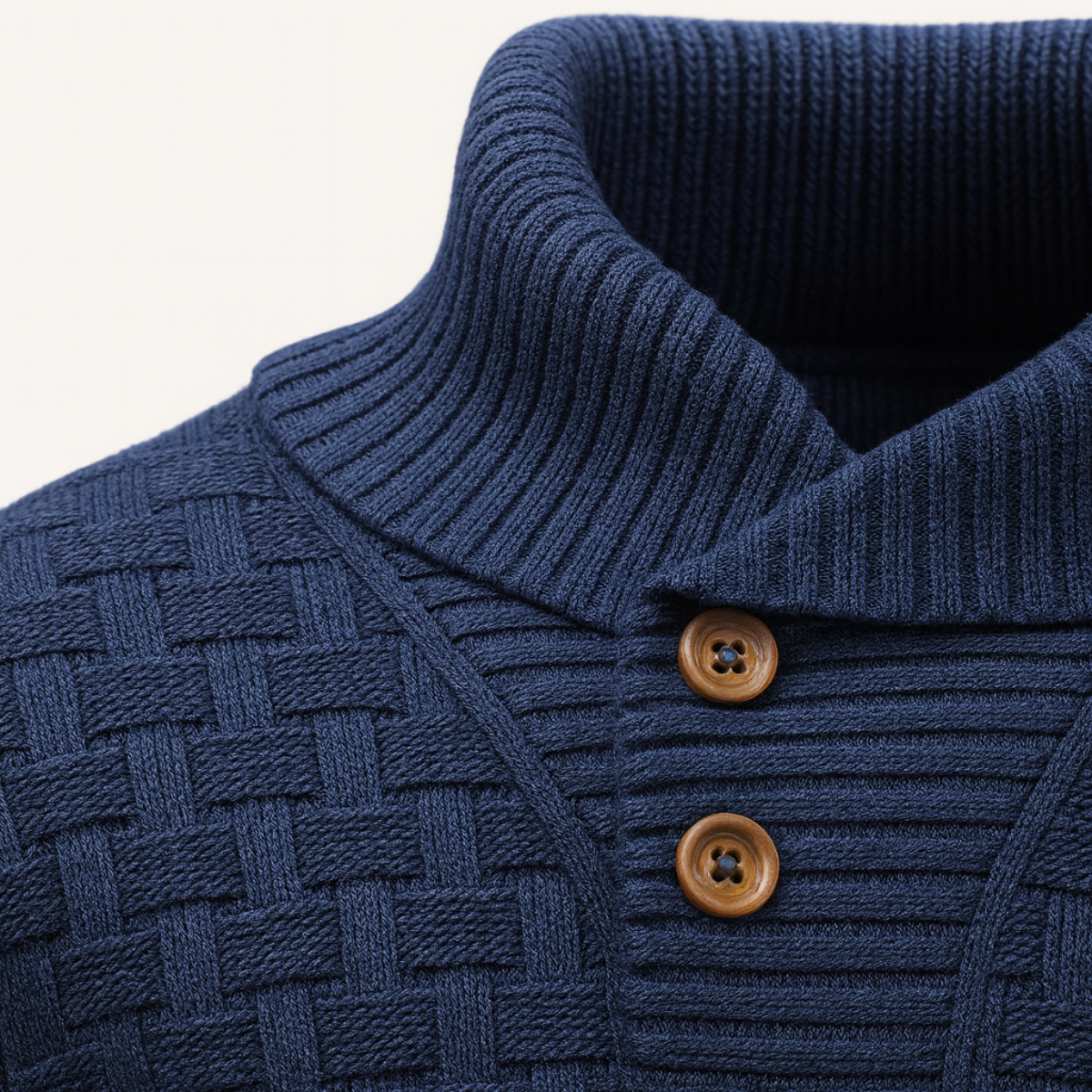 Men's blue chunky knit sweater close-up of ribbed collar and brown button placket