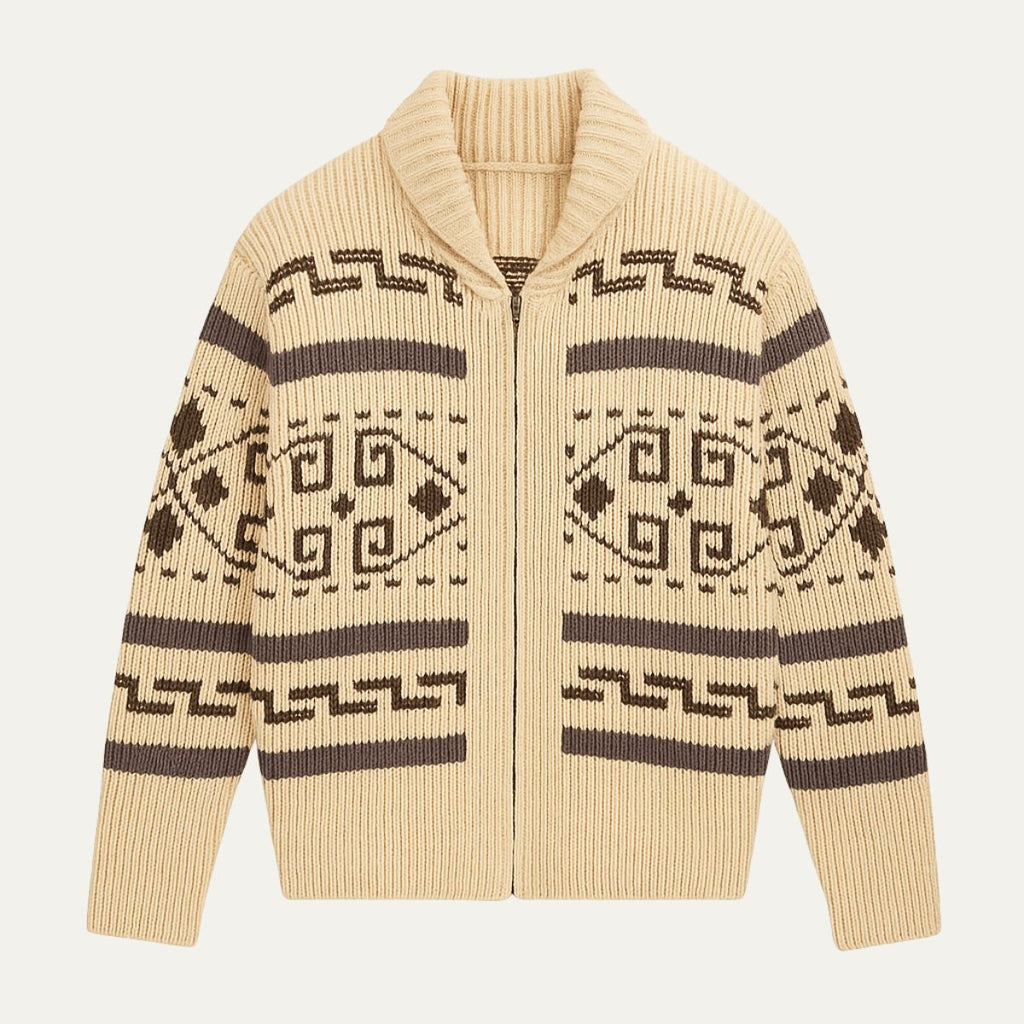 Men's khaki shawl-collar zip cardigan with Aztec knit pattern bands