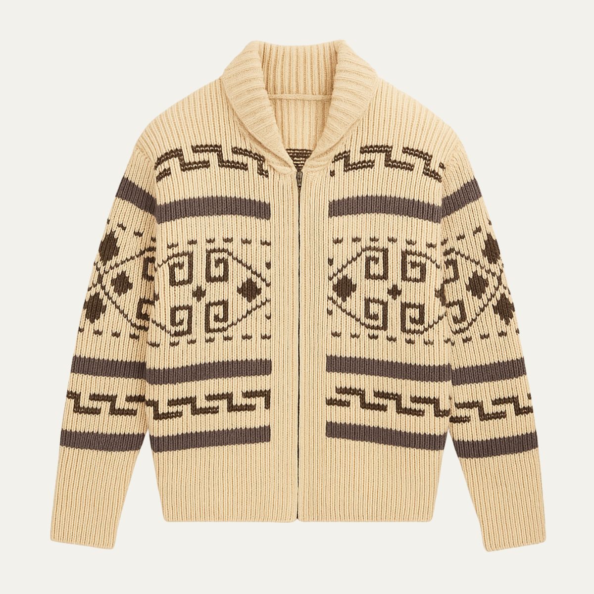 Men's khaki shawl-collar zip cardigan with Aztec knit pattern bands