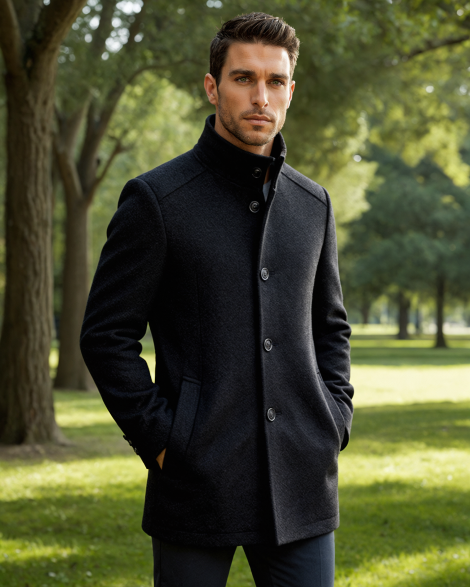Black wool overcoat with button-front, stand collar, side pockets