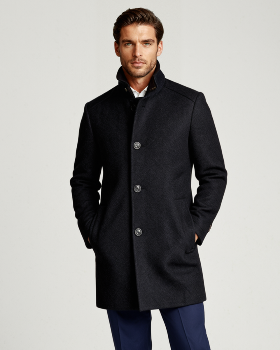 Wool overcoat in black, button-front with stand collar, welt pockets