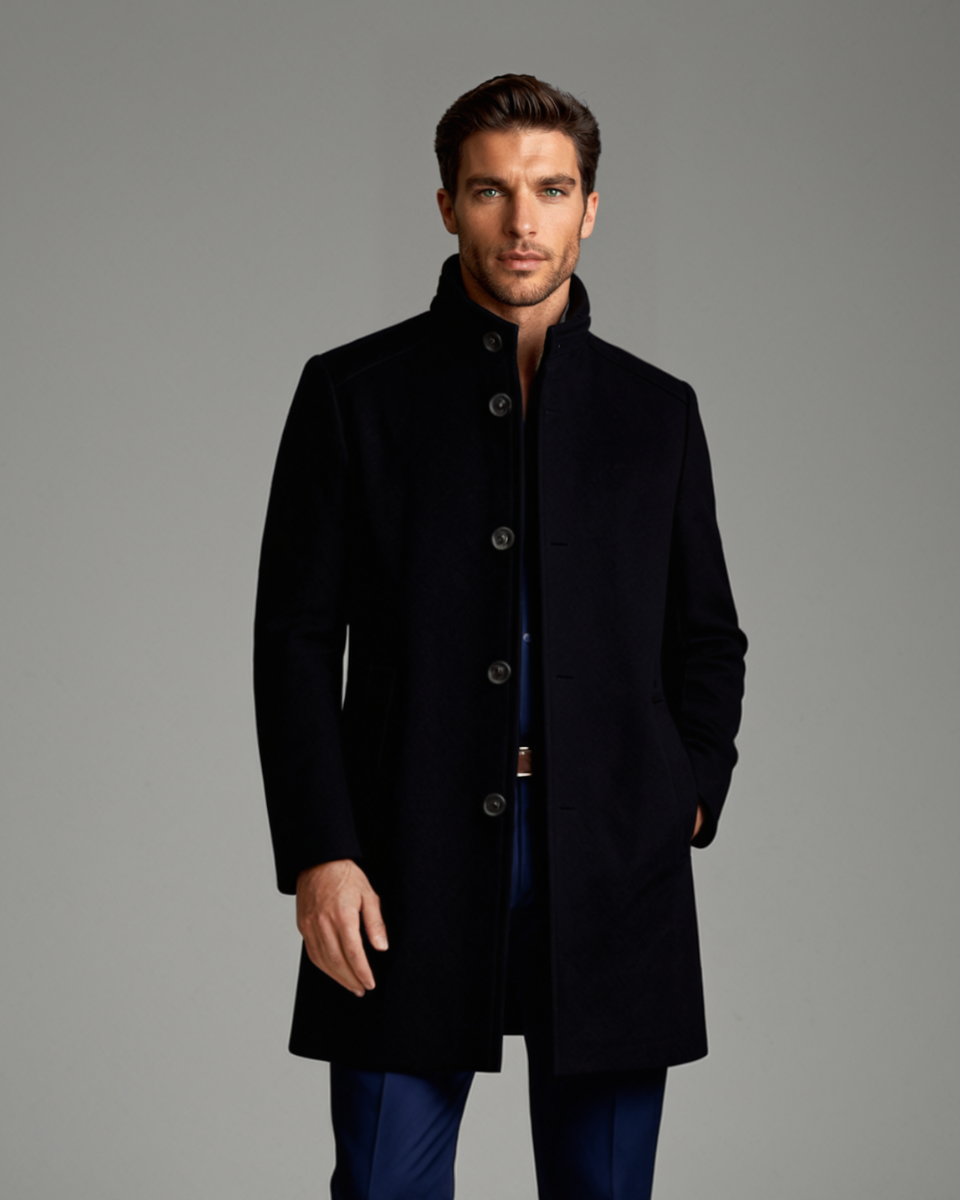 Men's wool overcoat in dark navy, button-front with stand collar, side pockets