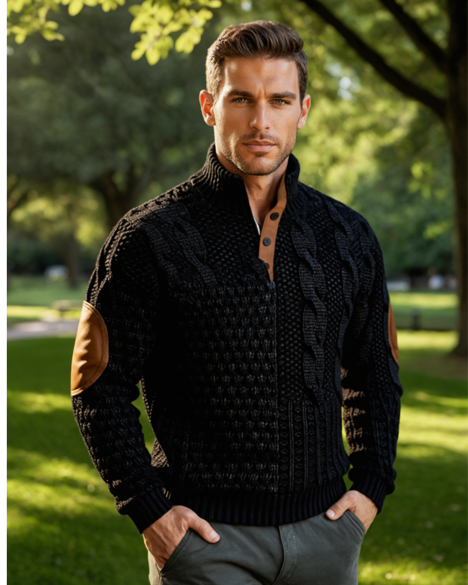 Men’s black cable knit sweater with leather-style collar tabs and ribbed knit cuffs