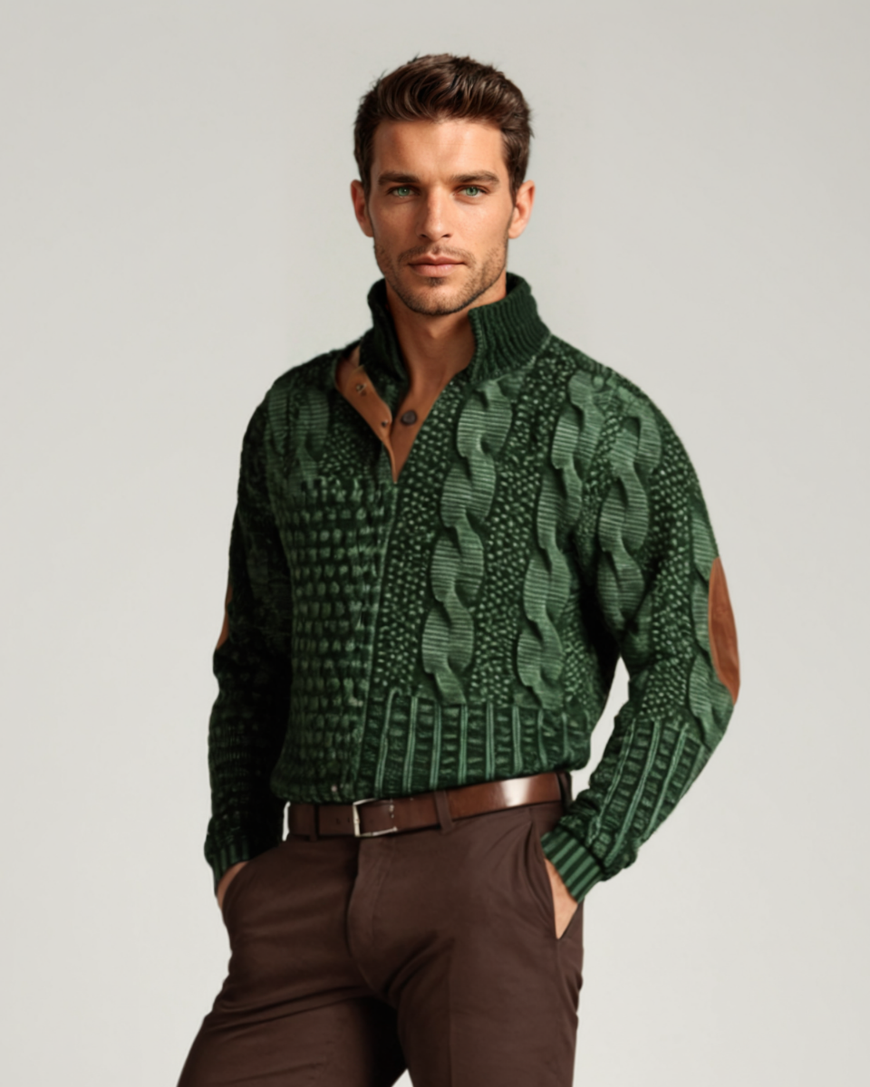 Men’s green cable knit sweater with leather-style collar tabs and ribbed cuffs