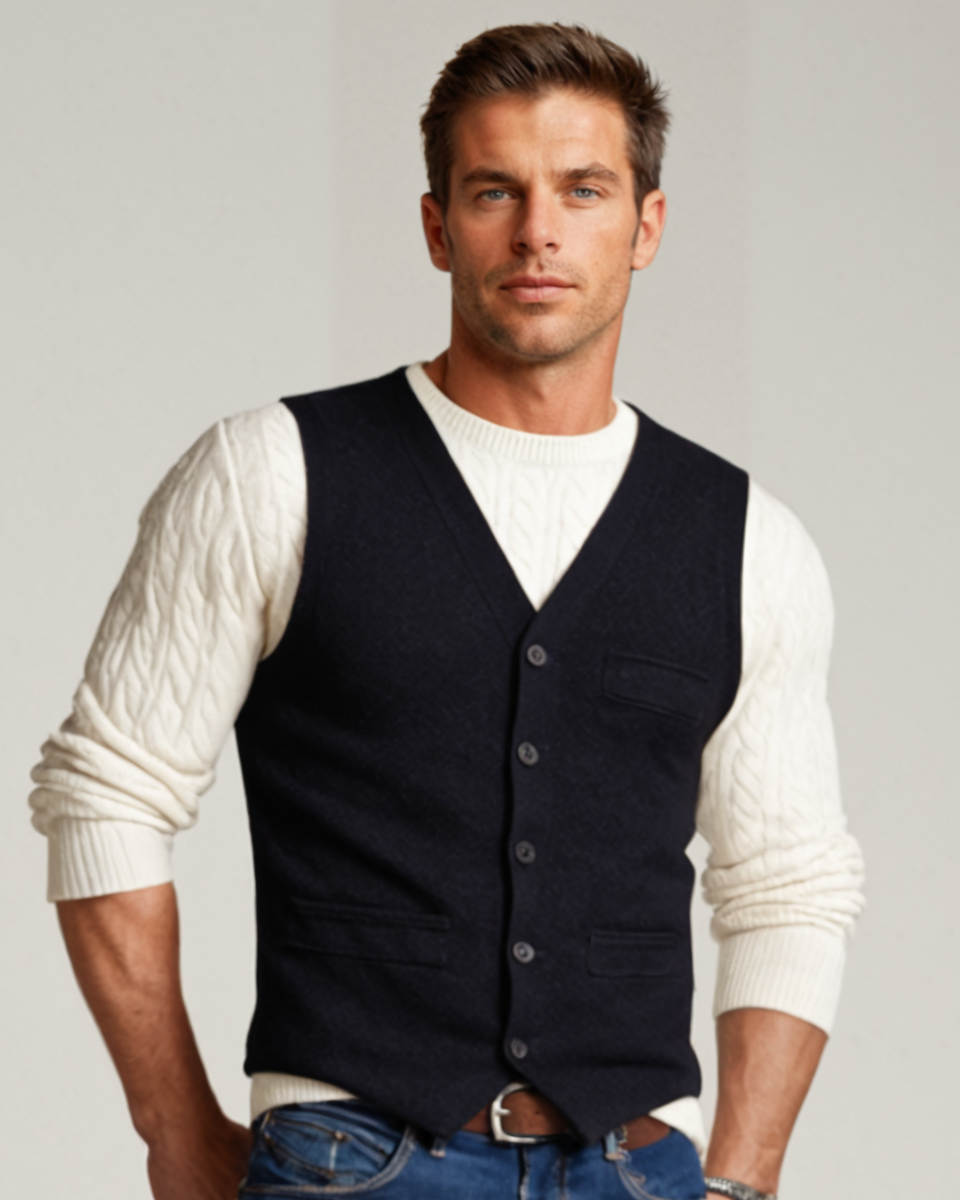 Dark navy men’s sweater vest with V-neck, four-button front, and chest pocket.