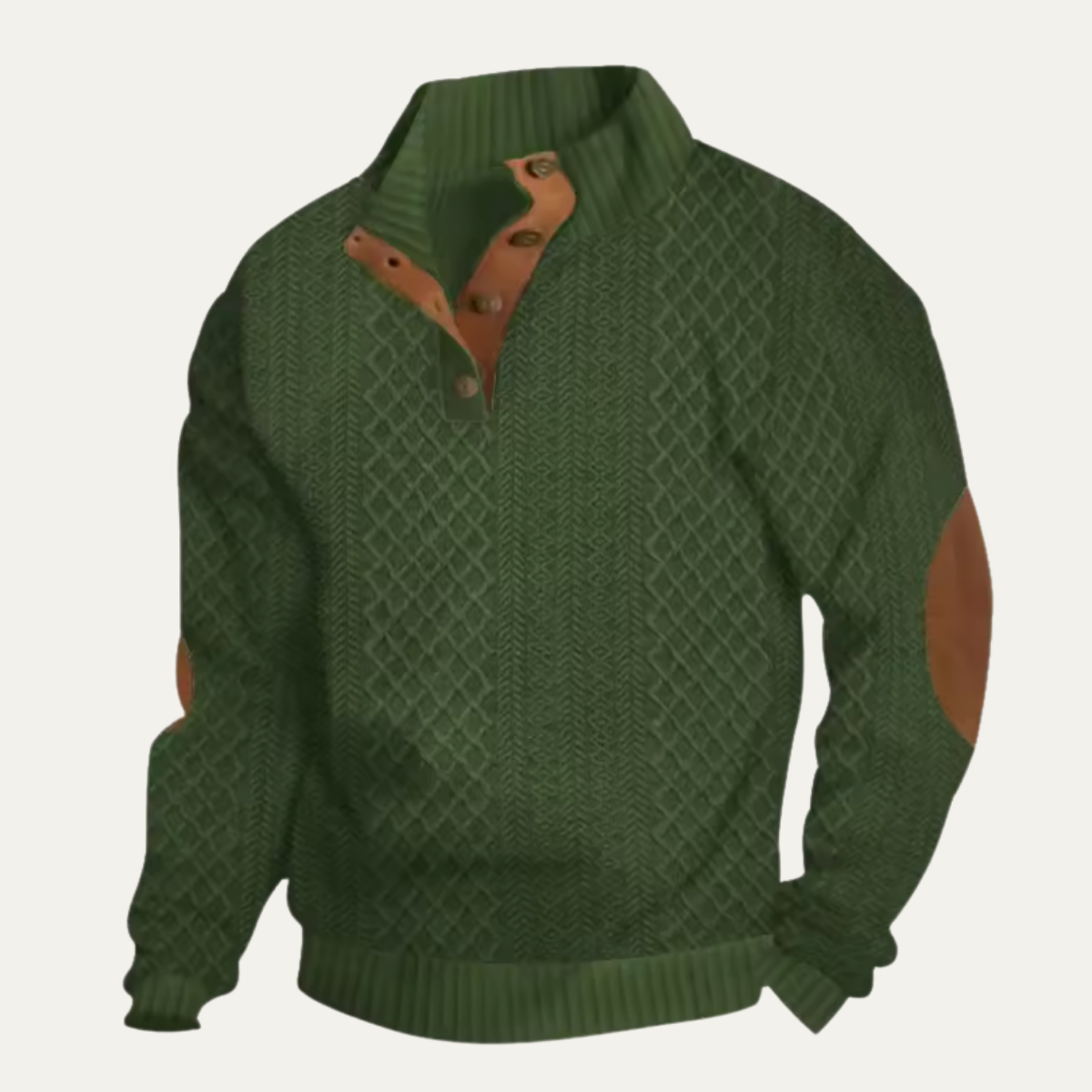 Men's green textured knit sweater with quarter-zip placket and brown leather-look trim