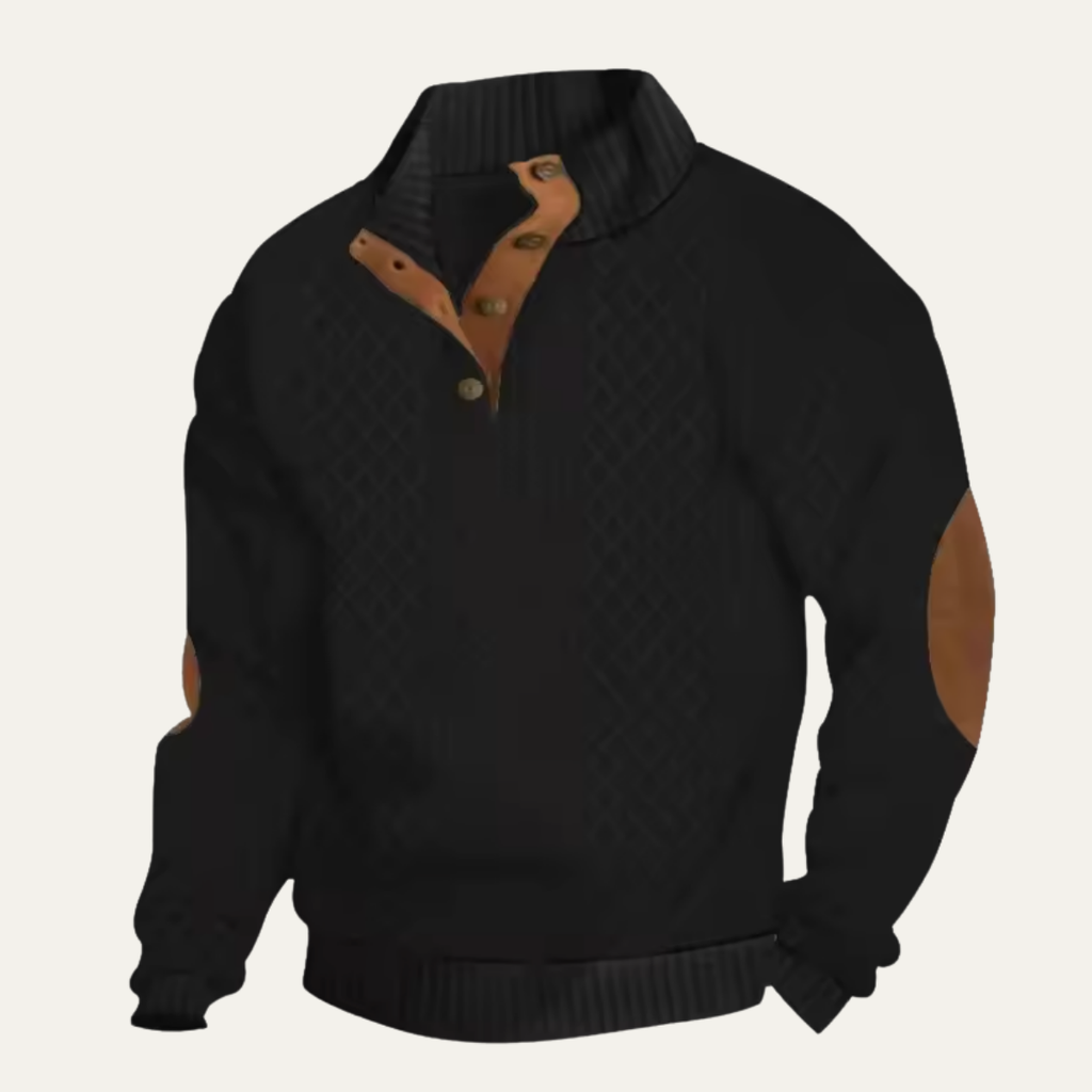 Men's knit sweater with quarter-zip, black body and brown collar placket