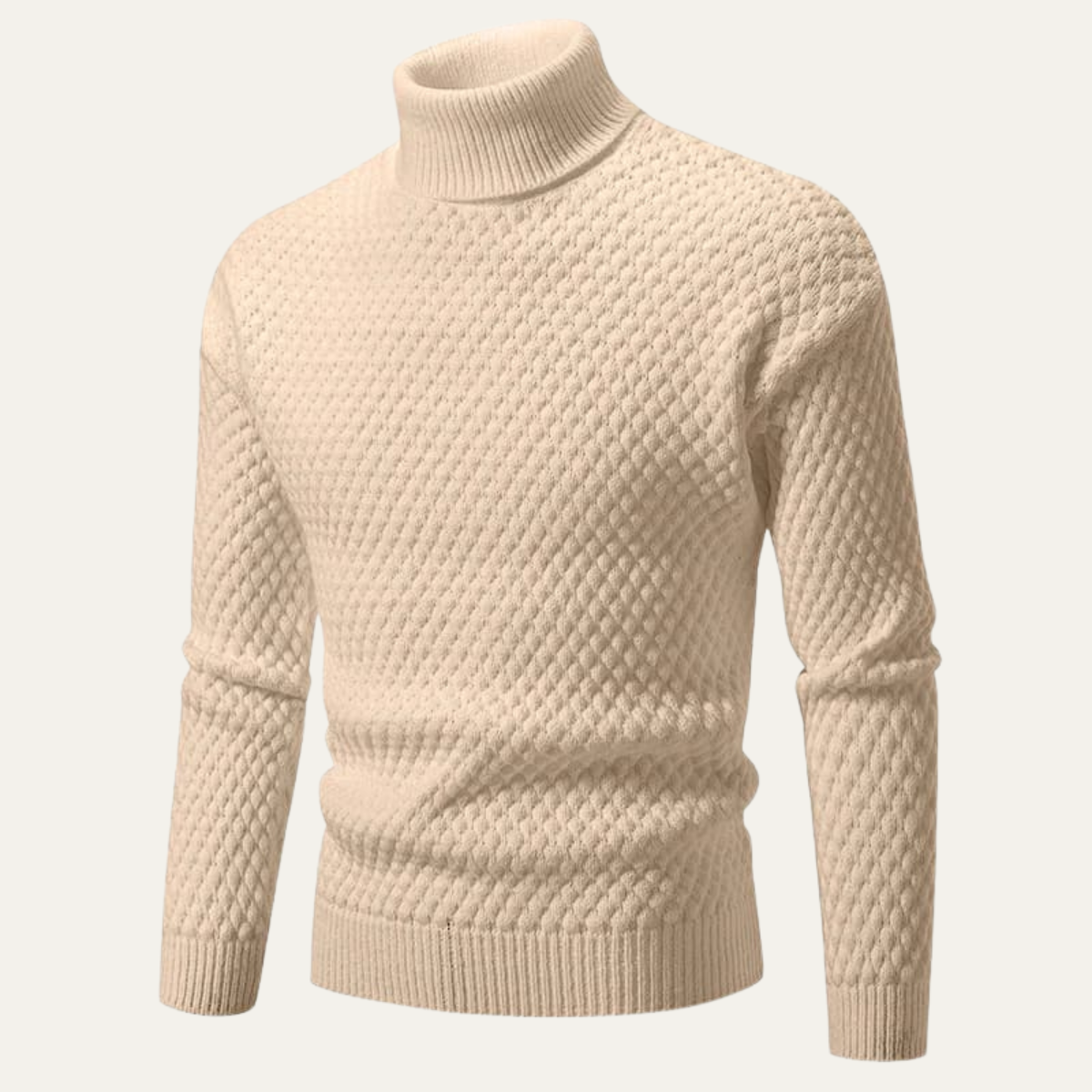 Khaki thick wool knit turtleneck sweater, textured diamond pattern and ribbed cuffs