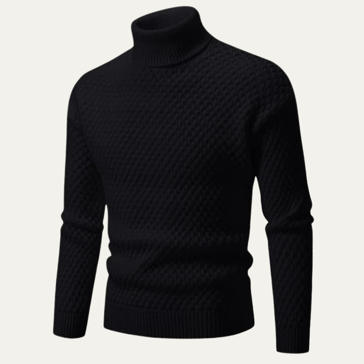 Black thick wool knit turtleneck sweater, textured diamond pattern and ribbed trim