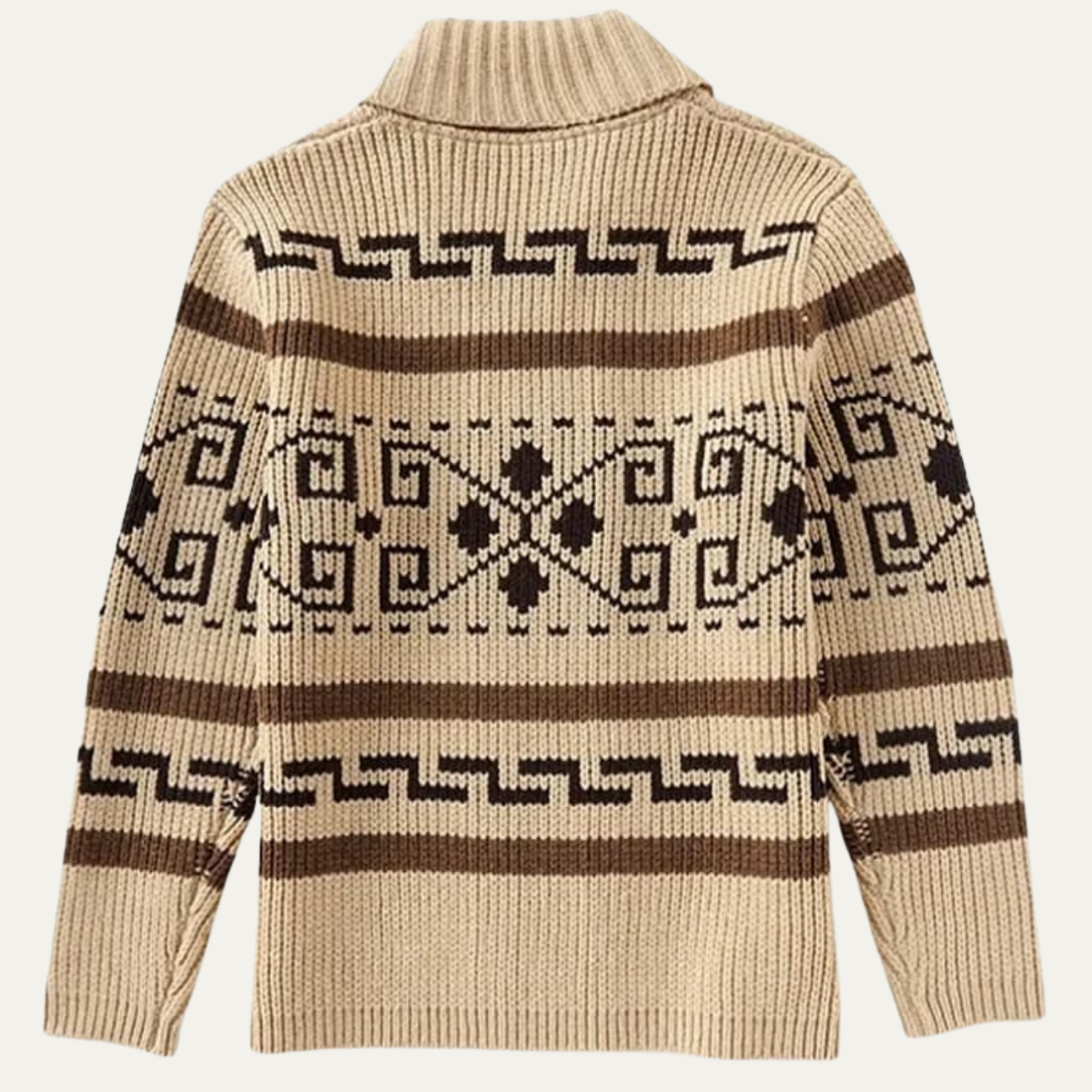 Men's khaki shawl-collar cardigan sweater with Aztec-style knit across the back